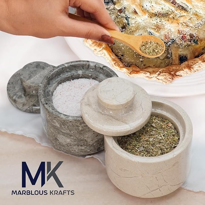 MARBLOUS KRAFTS Marble Salt Cellar 3" Inch Oceanic and Verona Celtic Salt and Spice Holders, DiningTable Decor for Kitchen & Home, Sea Salt Holder with Lid Storage Container, Gift for Mom