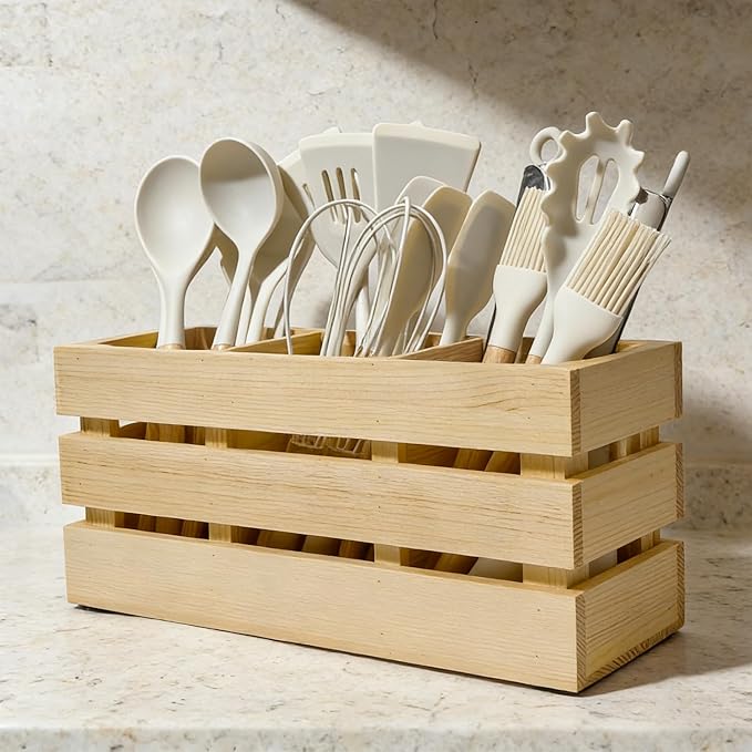 13" Large Wooden Utensil Holder, 3 Compartments Kitchen Countertop Caddy for Cooking Utensils & Silverware, Farmhouse Style Organizer with Handle