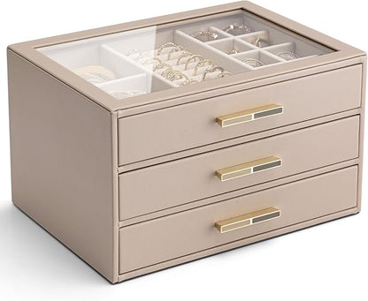VLANDO 3 Layer Jewelry Box for Women, Glass Lid Jewelry Organizer with 3 Drawers for Necklaces Rings Earrings Bracelets - Toffee