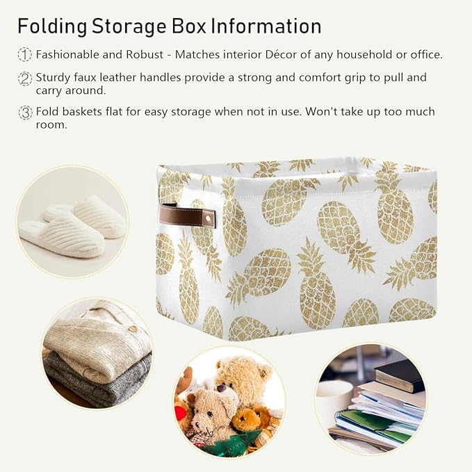 Large Storage Basket Bin Pineapple Pattern Storage Cube Box Foldable Canvas Fabric Collapsible Organizer with Handles for Home Office Closet