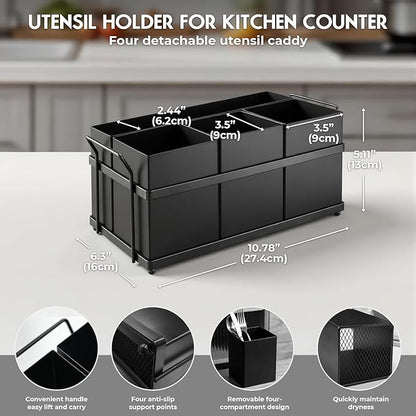 Utensil Holder Mesh Drainage Holes, 4pcs Bins Set Countertop Utensil Holder for Plate, Spoons, Forks and Knives, Cutlery Organizer Suitable for Party, Kitchen Countere, Balck