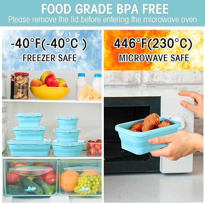 Yaomiao 16 Pack Collapsible Food Storage Containers with Lid Foldable 8 Pcs Rectangle Storage Bowl and 8 Pcs Round Silicone Food Bow for Lunch Camping Rv Accessories Microwave Freezer(Blue)
