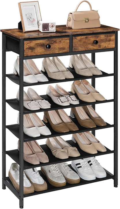 HOOBRO Shoe Rack, 6 Tier Shoe Storage Organizer with 2 Non-Woven Drawers, 15-20 Pairs of Shoes for Entryway, Shoe Shelf with 5 Oxford Fabric Shelves and Wooden Top, Closet, Rustic Brown BF79XJ01