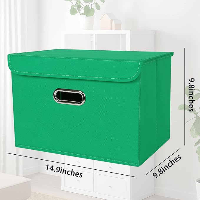 STOREONE Fabric Storage Cube Bins Foldable Organizer Container Collapsible Basket with Lids and Metal Handles, for Home, Bedroom, Closet 3 Pcs (Green)