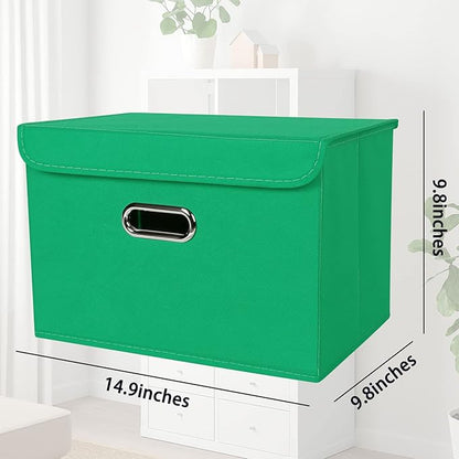 STOREONE Fabric Storage Cube Bins Foldable Organizer Container Collapsible Basket with Lids and Metal Handles, for Home, Bedroom, Closet 3 Pcs (Green)