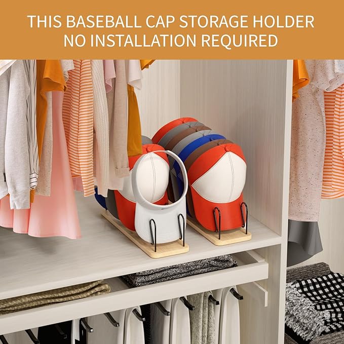 Hat Organizer for baseball Caps 2 Pack Wooden Hat Rack Stand for Closet Storage up to 14 Ball Caps