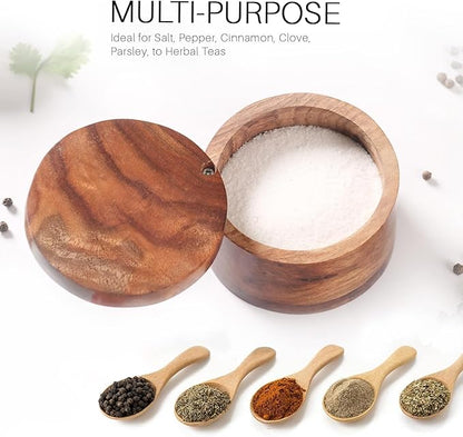 KH Acacia Wood Salt or Spice Box with Swivel Cover perfect for keeping table salt, Salt Cellers, gourmet salts, herbs or favorite seasonings, 3.5 (dia) x 2.5 Inch (height)