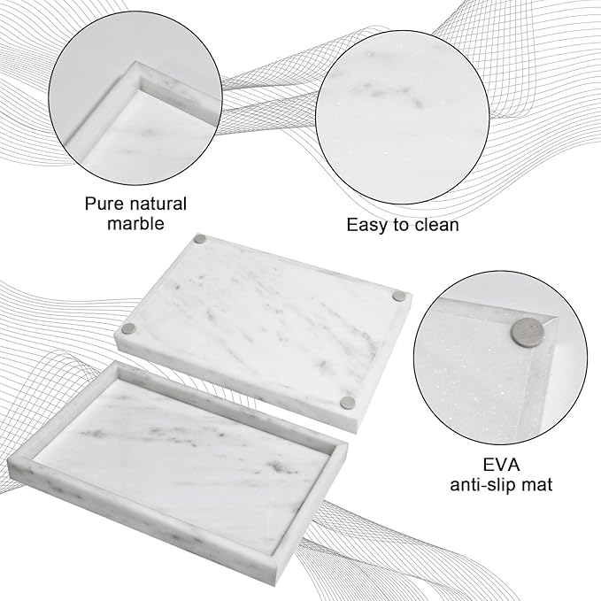 Pure Natural Marble Tray for Bathroom, Dresser, Sink. Cosmetics, toiletries, perfumes, Jewelry, Candles, etc. can be Placed (Starry White, 12" x 8" x 1.2")