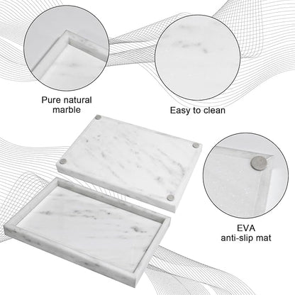 Pure Natural Marble Tray for Bathroom, Dresser, Sink. Cosmetics, toiletries, perfumes, Jewelry, Candles, etc. can be Placed (Starry White, 12" x 8" x 1.2")