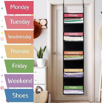 Black White 2 Pack 5 Shelf Weekly Clothes Organizer for Kids Over the Door Hanging Storage Monday through Friday Heavy Duty Clothes Organization for Bathroom Nursery Bathroom Kitchen