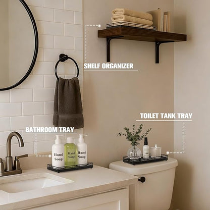 Bathroom Vanity Tray for Countertop, 12" x 6" Oak Wood Toilet Tank Tray with Metal Guardrail, Bathroom Organizer for Soap, Perfume & Skincare, Non-Slip Decorative Tray for Dresser & Vanity, Black