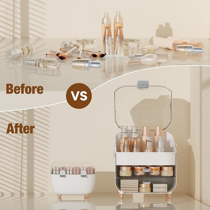 Makeup Organizer for Vanity with perfume Storage Box, Countertop Skincare Organizer with 2 Drawers, Cosmetic Display Case for Perfumes, Eyeshadow Palettes, Nail Polishes, Silver