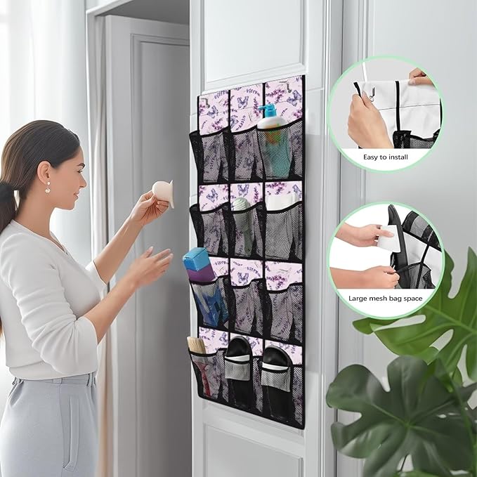 12 Large Mesh Pockets Butterfly Lavender Over the Door Shoe Organizer Sturdy Oxford Fabric Hanging Shoe Rack for Door Shoe Organizer