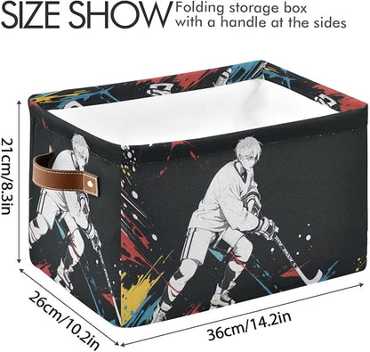 Storage Basket Hockey Player Durable Canvas Collapsible Toy Box Organizer Bin with Handles for Shelf Closet Bedroom Home Office