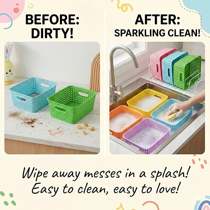 6-Pack Colorful Small Plastic Storage Weave Baskets, Versatile Shelf Organizer Woven Baskets for Classrooms, Children's Rooms & Pantries, 10x7.5x4 inch
