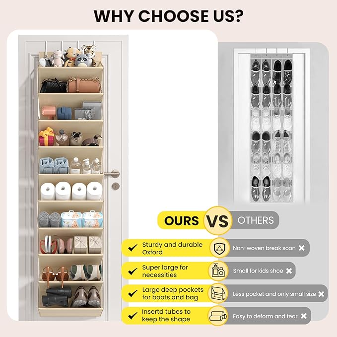 20-25 Pairs Over the Door Shoe Organizer, Clear Pockets Shoe Rack for Closet Door, 10-Tier Hanging Shoe Rack for Boots, Behind the Door Shoe Holder Fit All the Family's Sneakers, Boots, Heels, Beige