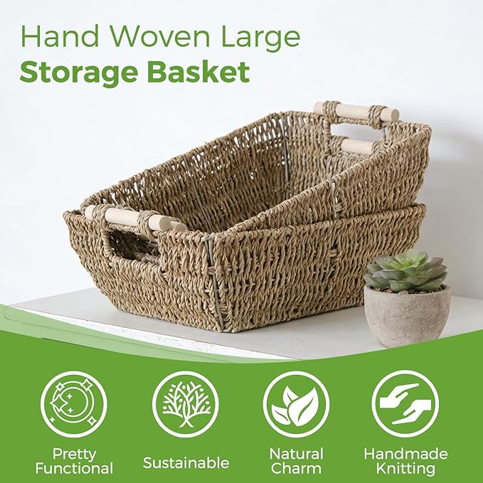 2 Pack Wicker Storage Baskets with Wooden Handles, Large Seagrass Basket for Organizing Shelves, Natural Woven Storage Baskets for Snack, Gift