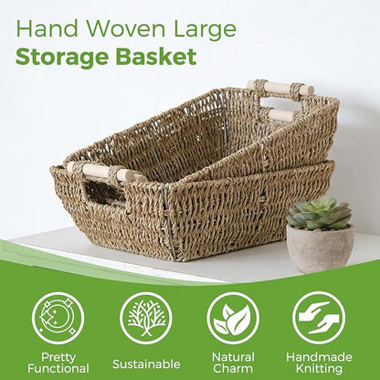 2 Pack Wicker Storage Baskets with Wooden Handles, Large Seagrass Basket for Organizing Shelves, Natural Woven Storage Baskets for Snack, Gift