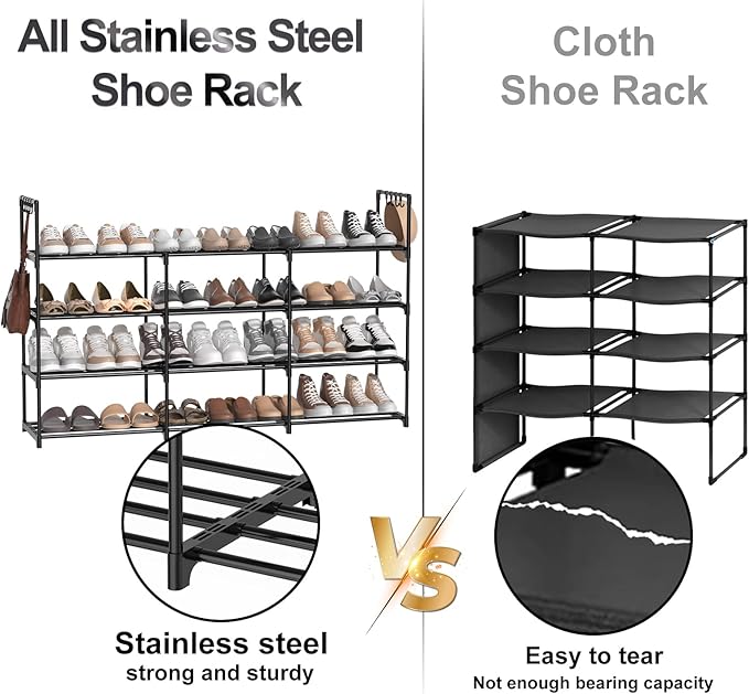 3 Row 4 Tier Long Shoe Rack, Black Metal Stackable Shoe Shelf with Multifunctional Hooks, Shoe Storage Hold 24-30 Pairs, Space Saving Shoe Organizer for Closet,Wide Shoe Rack
