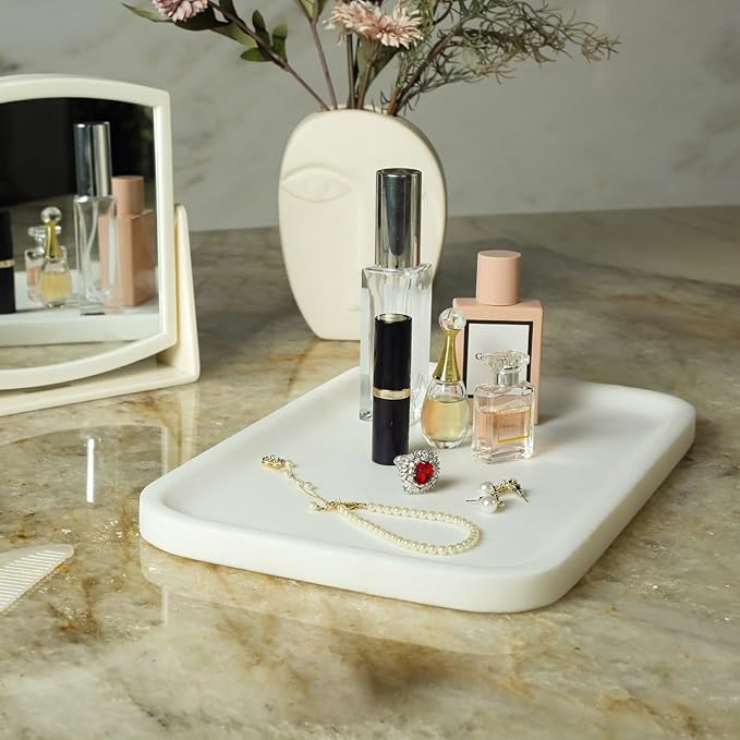 Koville Marble Vanity Tray, 12"x8" Marble Catchall Tray for Countertop Bathroom Kitchen Dresser, Rectangular Decorative Stone Tray for Jewelry Cosmetics Perfume Trinket(White)