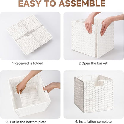 StorageWorks 11 inch Wicker Storage Cubes, Handwoven Cube Storage Bin, Square Cubes Basket, Foldable Paper Rope Basket for Organizing, White, 2 Pack