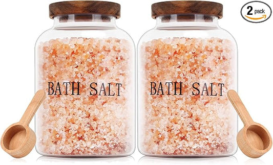 BKYFPQ 2Pcs 74 oz Glass Bath Salts Jar,Bath Salt Container with Wooden Lid and Scoop,Bathroom Organizers and Storage,for Bathroom Bath Decor,Home Decor,Bathtub Accessories for Women