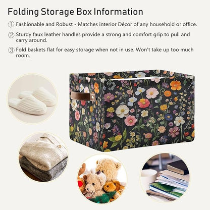 Vintage Florals Herbs Storage Basket Decorative Watercolor Herbs Fabric Baskets Bins Foldable Shelf Closet Baskets Storage Box Cube With Handle Organizer Basket For Kids Toys Clothes Bedroom