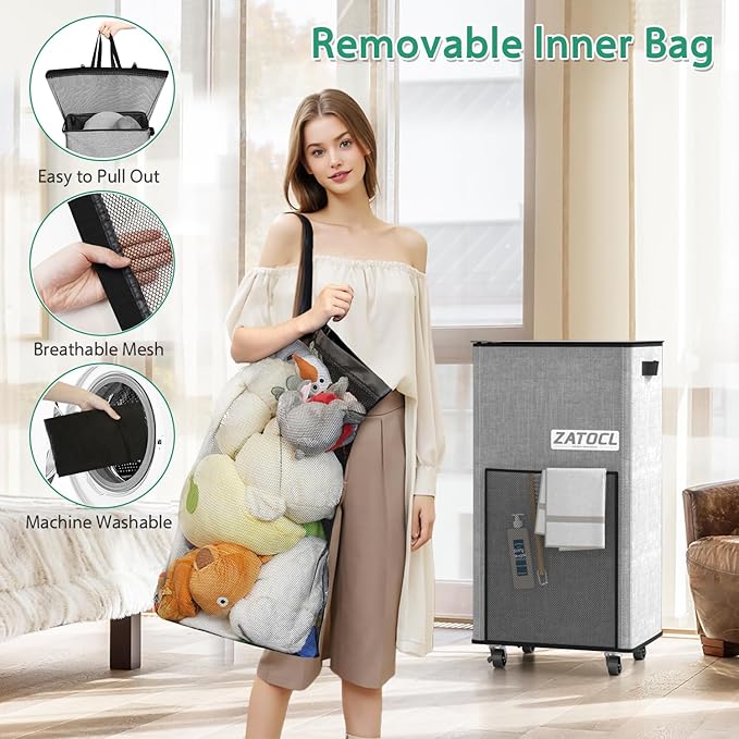 Laundry Hamper with Lid and Wheels, 29 Gal Rolling Laundry Basket with Washing Bag & Front Mesh Bag, Collapsible Dirty Clothes Hampers for Bedroom Aesthetic, Bathroom, Dorm, Laundry Room - Easy Carry