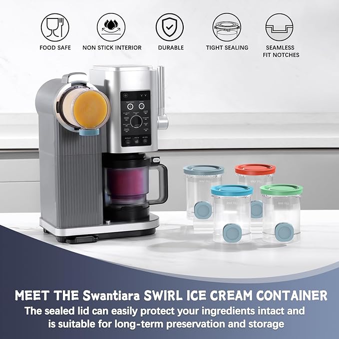 Replacement Pints and Colorful Lids for Ninja swirl creami NC700, NC701 Series Ice Cream & Soft Serve Makers, 4 Pack creami containers, 16oz swirl pints, Dishwasher Safe