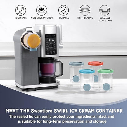 Replacement Pints and Colorful Lids for Ninja swirl creami NC700, NC701 Series Ice Cream & Soft Serve Makers, 4 Pack creami containers, 16oz swirl pints, Dishwasher Safe
