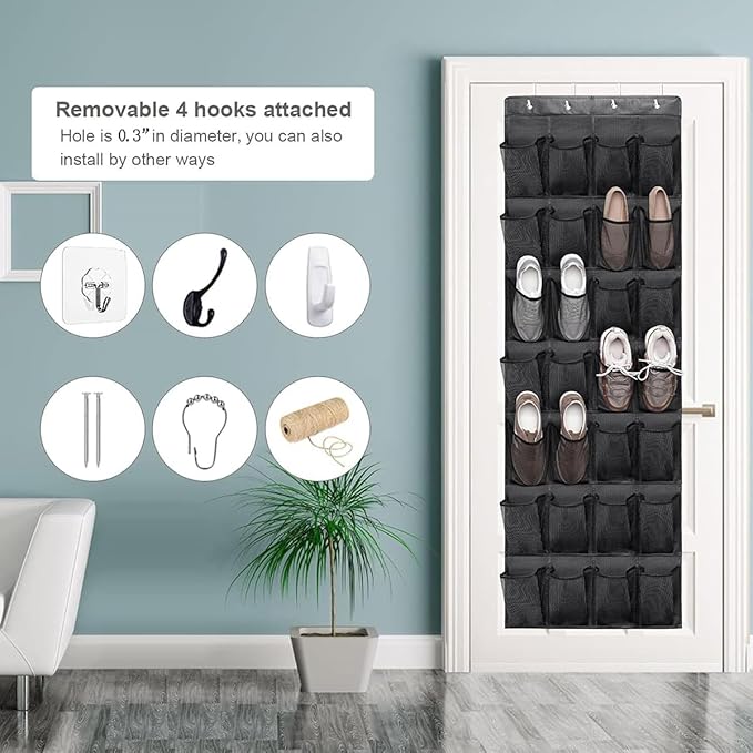 GANNEPIE Over The Door Shoe Organizer, 24 Pockets Heavy-Duty Hanging Shoe Rack, Black Space-Saving Storage for Sneakers & Sundries