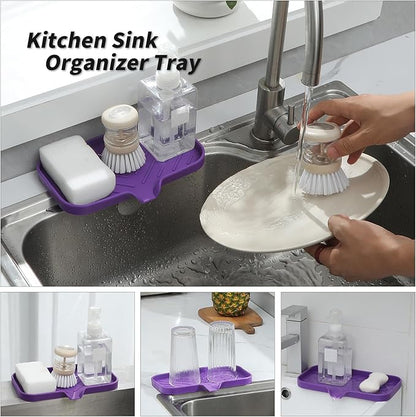 MicoYang Silicone Bathroom Soap Dishes with Drain Spout-Bathroom and Kitchen Sink Organizer,Sponge Holder,Dish Soap Tray,Perfect for Dispenser,Scrubber,Bottle,Cup on Sink or Counter-Purple 9.6"×5.3"