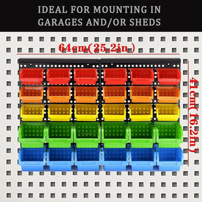 5 Colors Wall Mounted Storage Bins kit, Tool Organizer Bins Parts Rack, 30-Bin Organizer Shop Storage Rack 4 Set