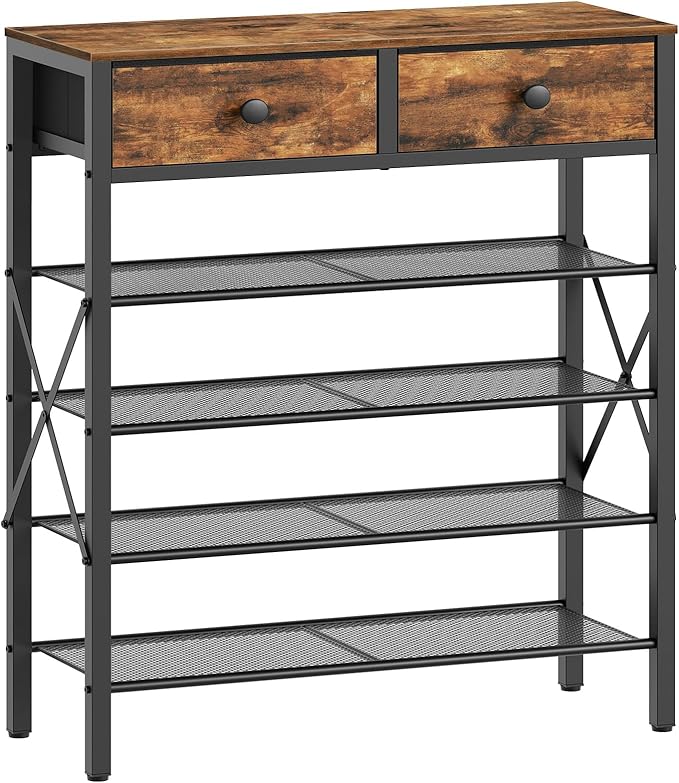 YATINEY 5 Tier Shoe Rack, Large Capacity Shoe Storage Organizer, Metal Shoe Shelf with Drawer and Wooden Top, for 20 Pairs of Shoes, for Entryway, Closet, Rustic Brown and Black SS25BRY1N1