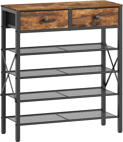 YATINEY 5 Tier Shoe Rack, Large Capacity Shoe Storage Organizer, Metal Shoe Shelf with Drawer and Wooden Top, for 20 Pairs of Shoes, for Entryway, Closet, Rustic Brown and Black SS25BRY1N1
