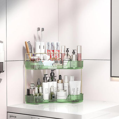 2 Tier Corner Bathroom Organizer Countertop, Vanity Makeup Organizer with Brush Holder, Space-Saving Skincare Storage Corner Shelf for Bathroom, Dressing Table, Kitchen