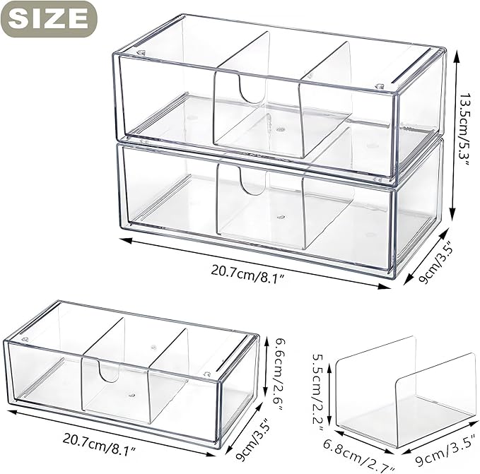 Hipiwe 2-Tier Acrylic Storage Drawer Stackable Box Hair Accessories Organizer Clear Desktop Organizer with Removable Dividers for Vanity Bathroom
