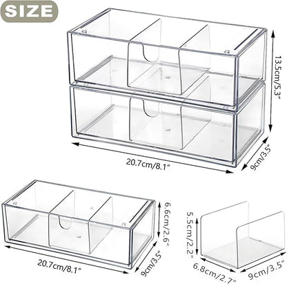 Hipiwe 2-Tier Acrylic Storage Drawer Stackable Box Hair Accessories Organizer Clear Desktop Organizer with Removable Dividers for Vanity Bathroom
