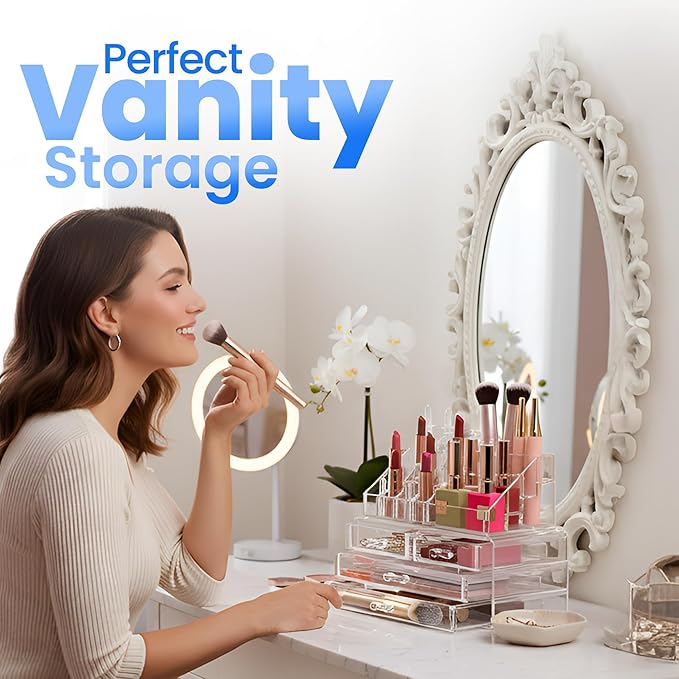 Masirs Clear Makeup Organizer - 16-Compartment Cosmetic and Jewelry Holder with 4 Drawers - Vanity Storage Box for Makeup, Skincare, Accessories, and Jewelry Display