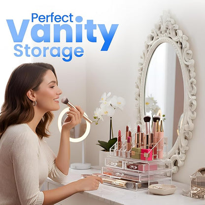 Masirs Clear Makeup Organizer - 16-Compartment Cosmetic and Jewelry Holder with 4 Drawers - Vanity Storage Box for Makeup, Skincare, Accessories, and Jewelry Display