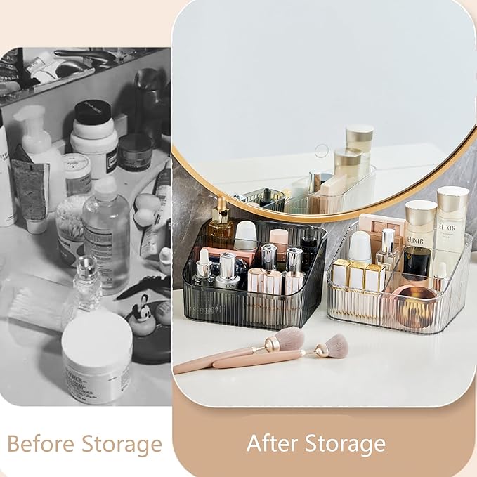 Makeup Organizer Cosmetics Storage Box, Large Capacity Make Up Brush Holder Organizer Vanity Accessories, Bathroom Countertops, Desk Storage Container, Cosmetic Display cases(Gray-L)