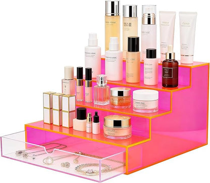 Perfume Organizer for Women Acrylic Perfume Display Shelf with Drawer 4-Tier Makeup Stand for Vanity Cosmetic Display Case, Neon Pink