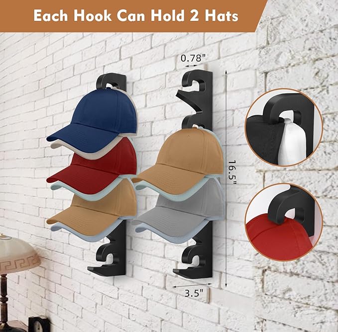 Hat Rack Hat Organizer for Baseball Caps Wood Hat Storage Hats Hooks for Wall Baseball Hat Storage Organizer Display Up to 20 Hats for Closet Wall, Set of 2