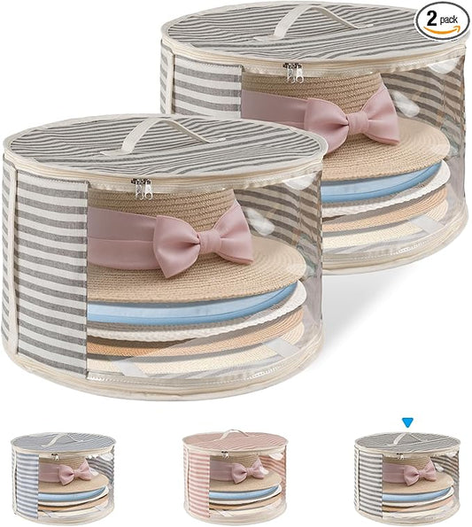 2 Pack Hat Storage Box with Clear Window, Holds up to 7 Caps Cowboy Hat Organizer Bag for Closet for Wide Brim Hats with Carrying Handles, Gray