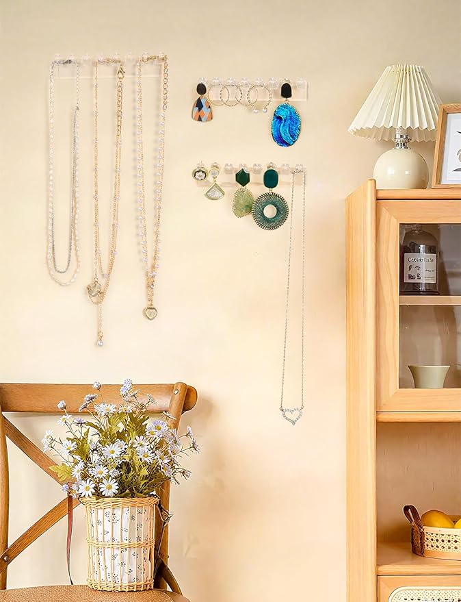 12Pcs Self-Adhesive Necklace Organizer, Necklace Holder Wall Mounted, Hanging Jewelry Organizer with 8 Hooks for Necklaces, Bracelets, Rings, Earrings and Jewelry Display (3.7inch Long)