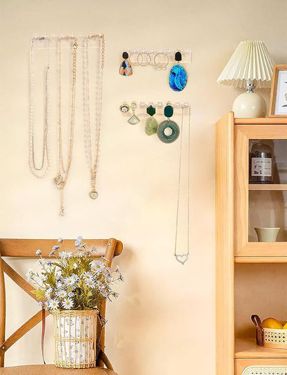 12Pcs Self-Adhesive Necklace Organizer, Necklace Holder Wall Mounted, Hanging Jewelry Organizer with 8 Hooks for Necklaces, Bracelets, Rings, Earrings and Jewelry Display (3.7inch Long)
