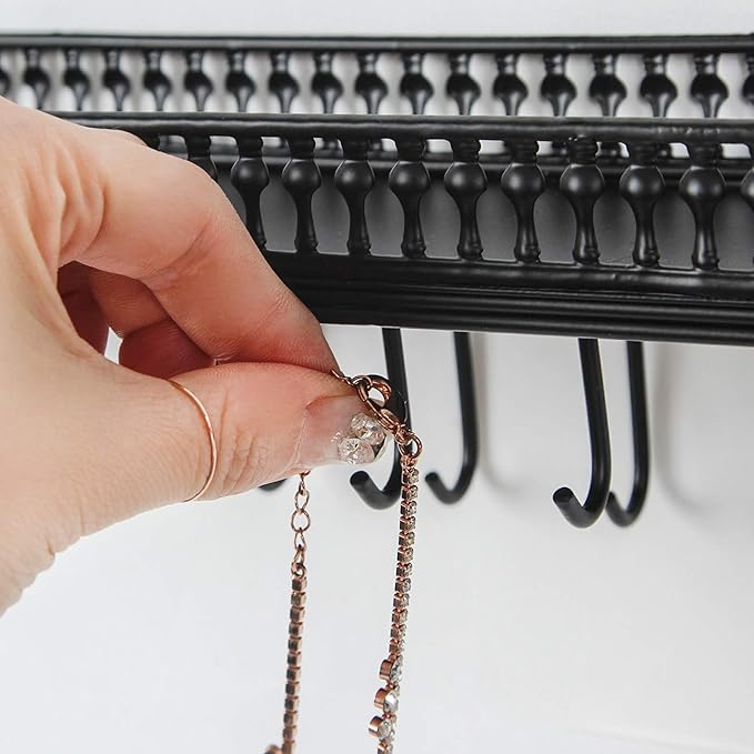 J JACKCUBE DESIGN Wall Mounted Black Metal Jewelry Hanger, Necklace Display Storage Holder with Tray and 25 Hooks for Necklace Earrings Bracelet Ring Watch - MK621A