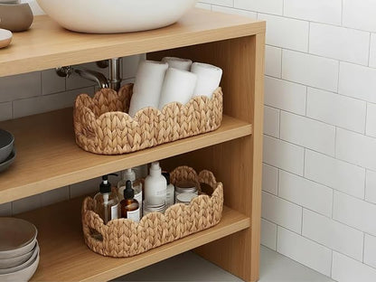 2 SAME SIZE Toilet Paper Storage Basket,Back of Toilet Storage,Boho Decor Small Scalloped Baskets for Bathroom Toilet Tank,Natural Water Hyacinth