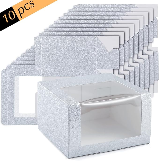 LADYBRO 10 Pack 7.8" x 7.8" x 4.8" Black Gift Boxes with Window Display for Hat Storage Containter for Baseball Caps (Fitted, Snapbacks, Trucker) (Glitter Silvery, 7.8" x 7.8" x 4.8")
