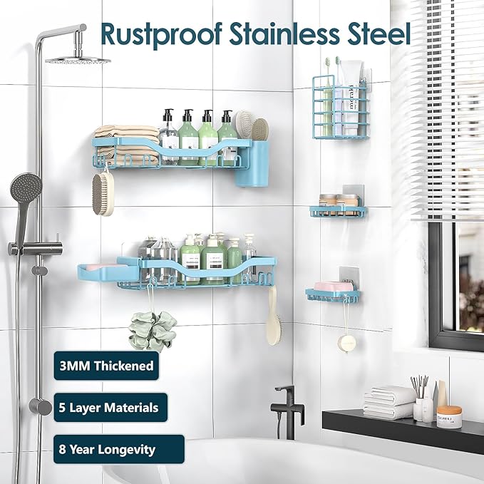 NESOMI Shower Caddy Adhesive Shower Organizer 7-Pack, Rustproof Stainless Steel Bathroom Shelves, Large Capacity No-Drill Rack Storage Accessories with Soap Dish Toothbrush Holder Hooks